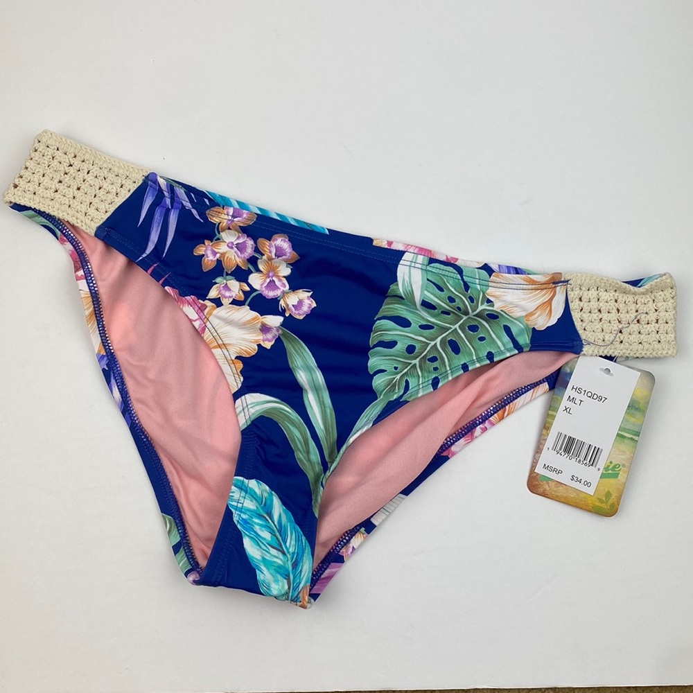 Hobie | Floral Print Crochet Side Tab Hipster Bikini Bottoms XL